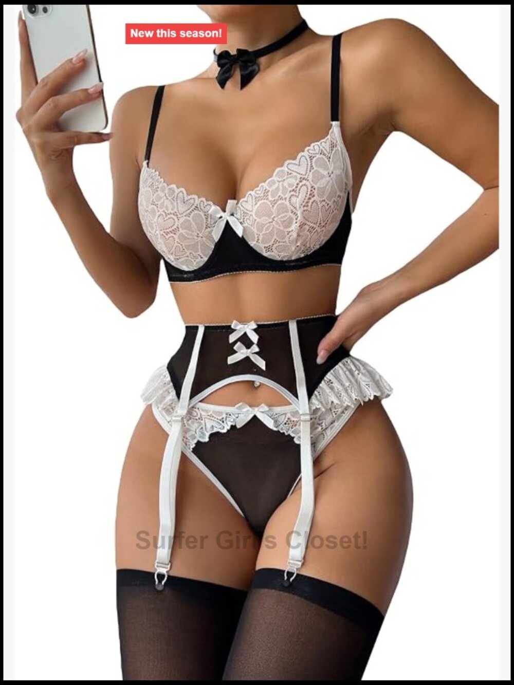 Floral Lace Garter Lingerie Set 6 Piece Underwire Bow Front
